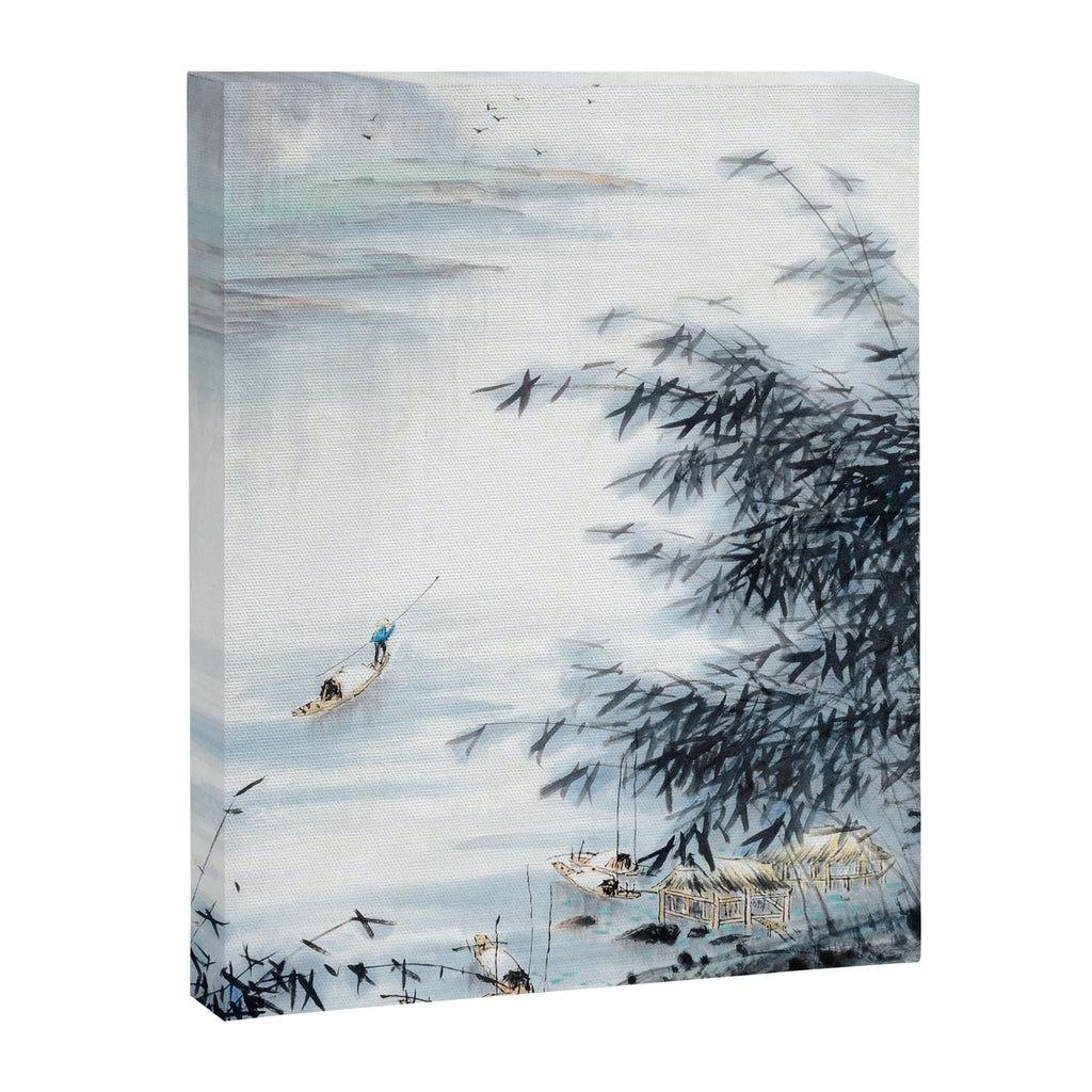 Traditional Japanese Ink Fishing Boat Mountain River Landscape Canvas Print Gallery Image 6