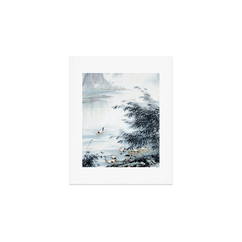 Traditional Japanese Ink Fishing Boat Mountain River Landscape Art Print Gallery Image 1