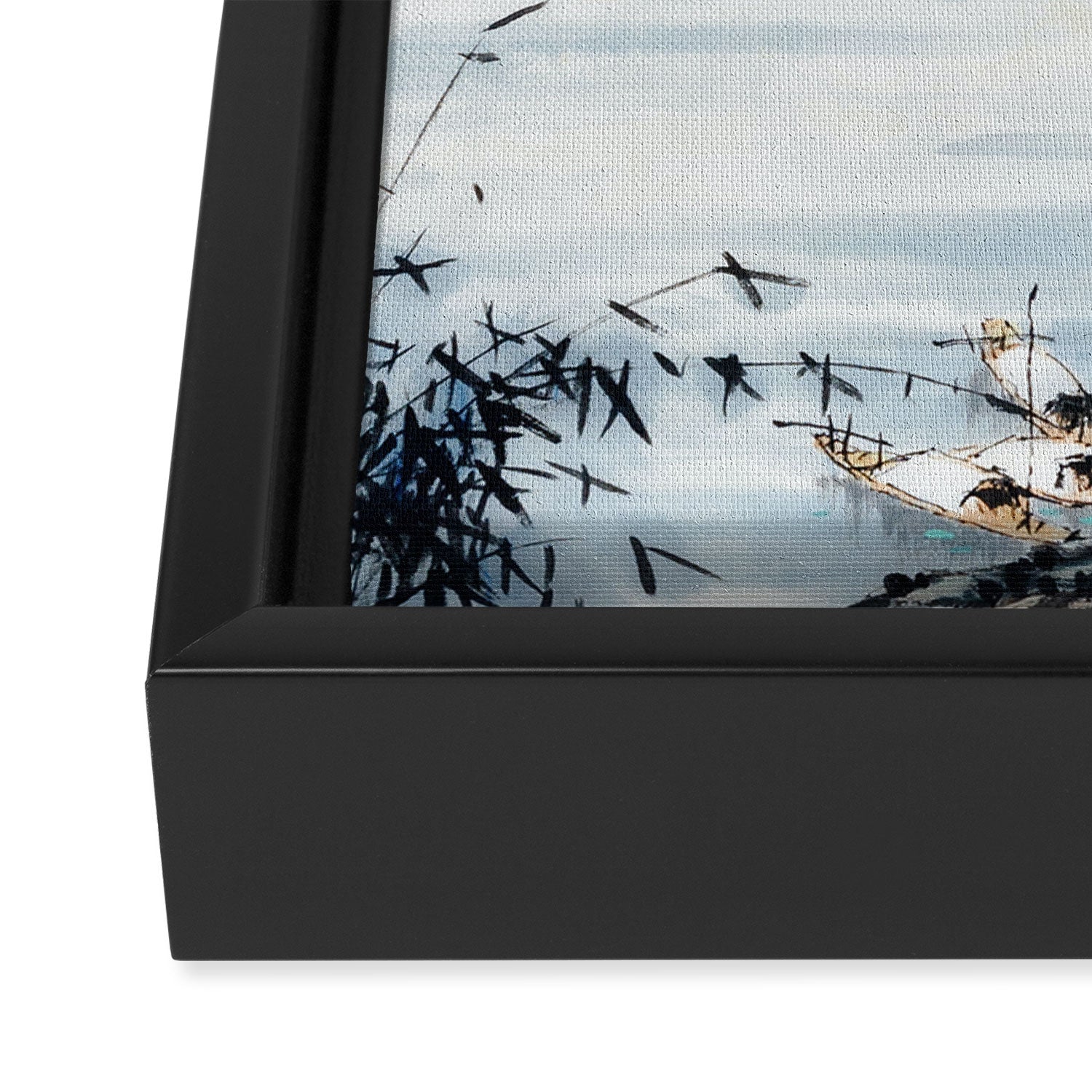 Traditional Japanese Ink Fishing Boat Mountain River Landscape Framed Canvas Print Gallery Image 3