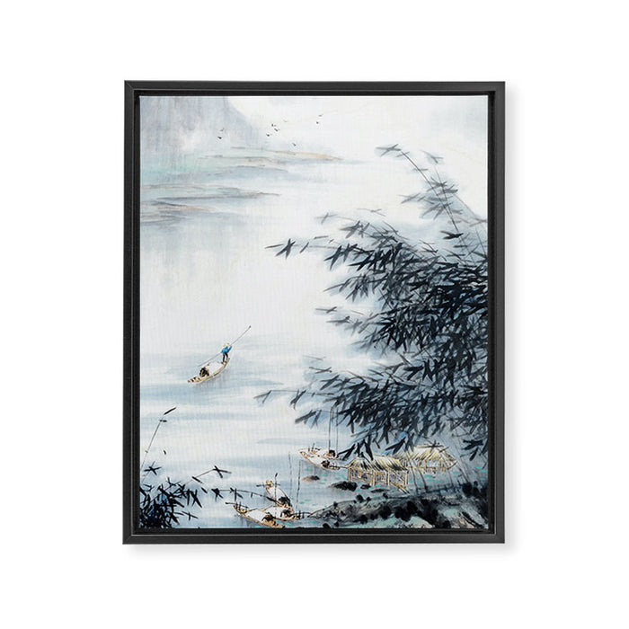 Traditional Japanese Ink Fishing Boat Mountain River Landscape Framed Canvas Print Gallery Image 1
