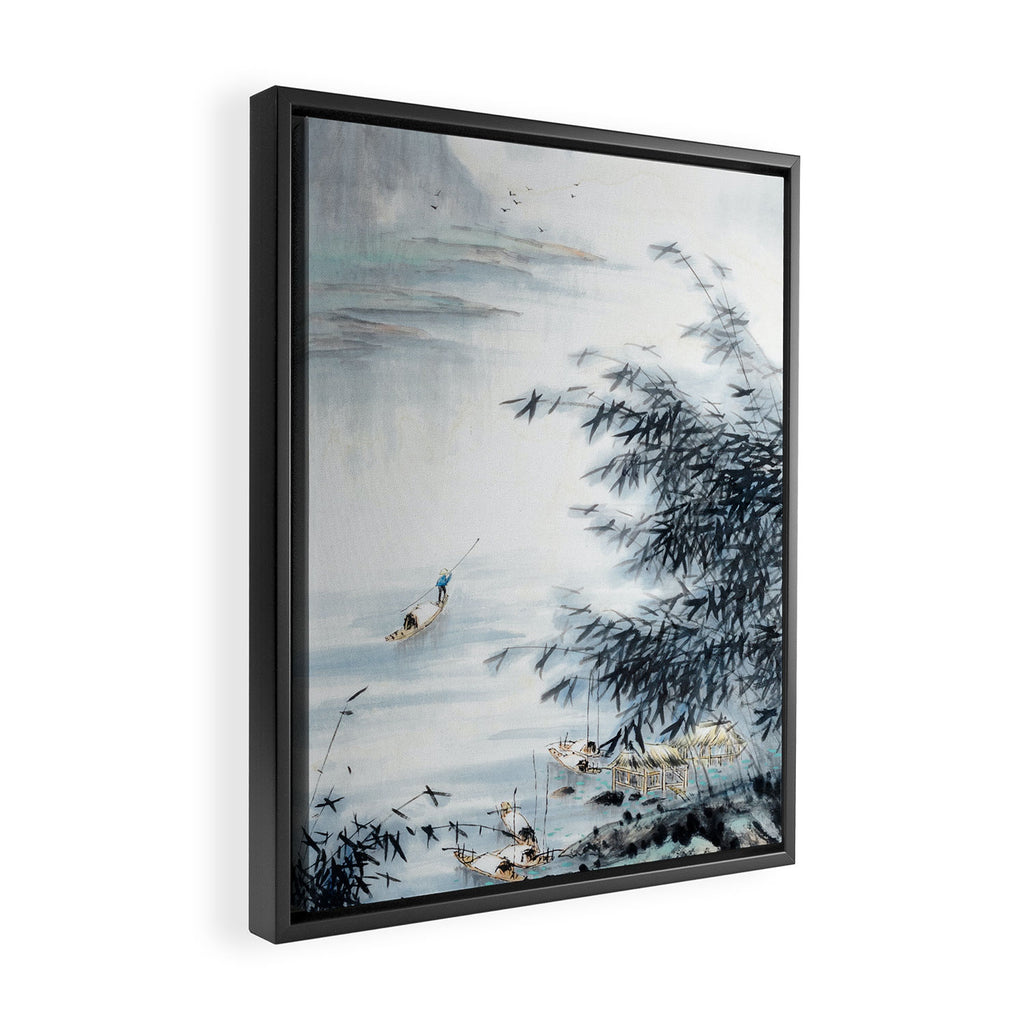 Traditional Japanese Ink Fishing Boat Mountain River Landscape Framed Canvas Print Gallery Image 2