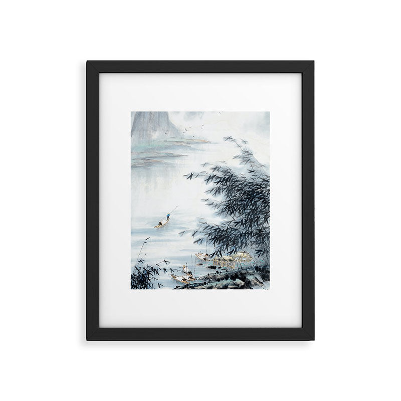 Traditional Japanese Ink Fishing Boat Mountain River Landscape Framed Art Print Gallery Image 5