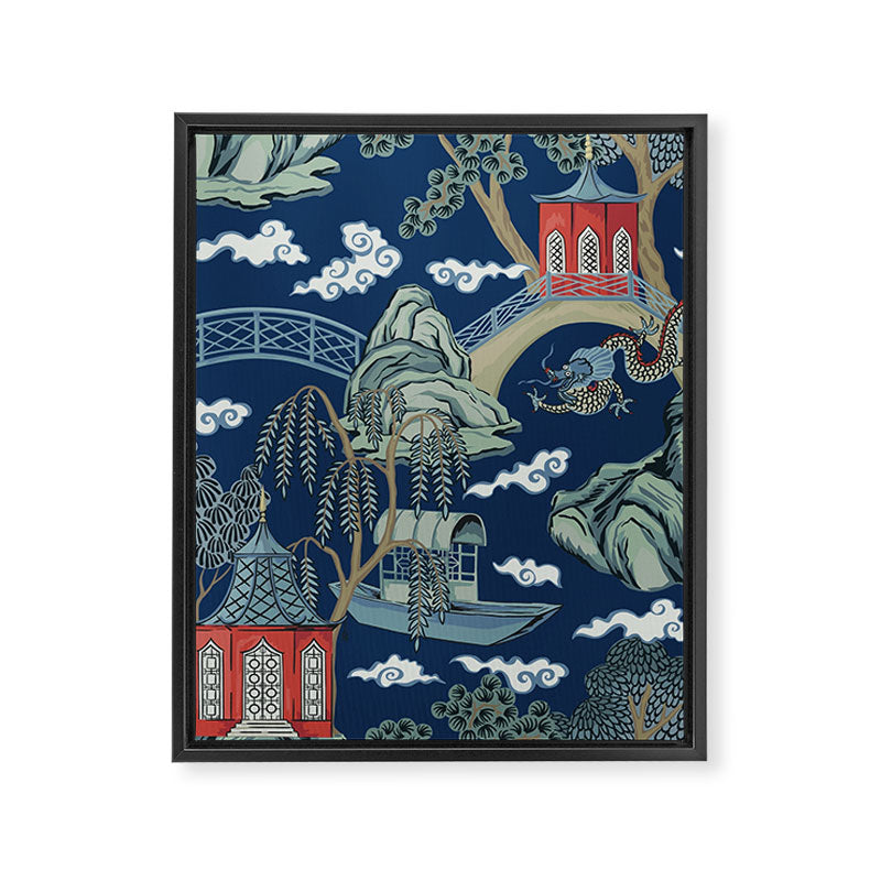 Vintage Chinoiserie Pagoda Bridge Garden Landscape Framed Canvas Print Gallery Image 8
