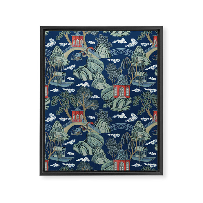 Vintage Chinoiserie Pagoda Bridge Garden Landscape Framed Canvas Print Gallery Image 1