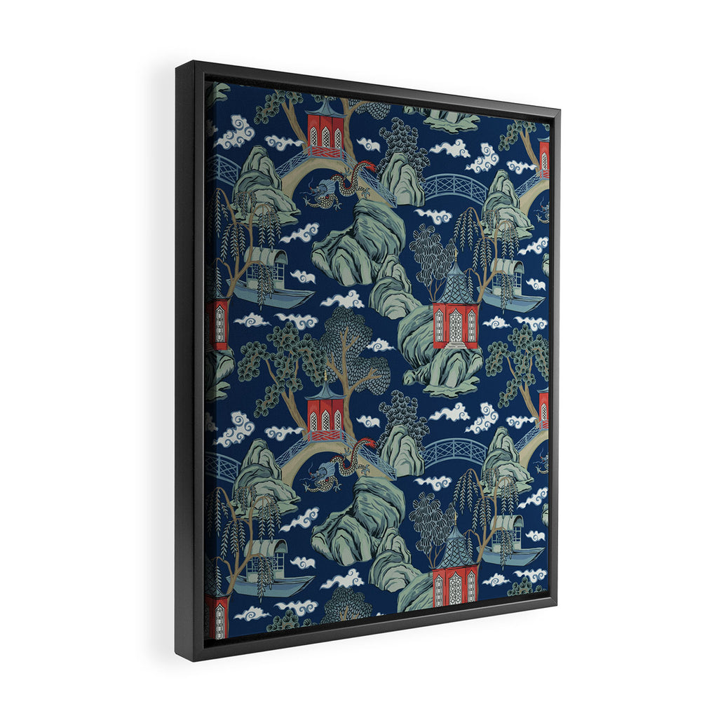 Vintage Chinoiserie Pagoda Bridge Garden Landscape Framed Canvas Print Gallery Image 2