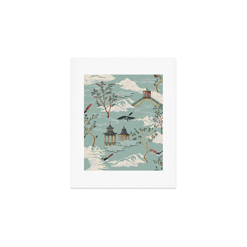 Vintage Chinoiserie Pastel Pagoda Bridge Garden Landscape Art Print Gallery Image 1