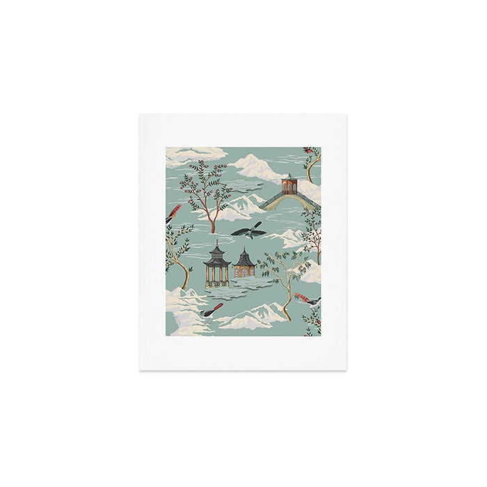 Vintage Chinoiserie Pastel Pagoda Bridge Garden Landscape Art Print Gallery Image 1