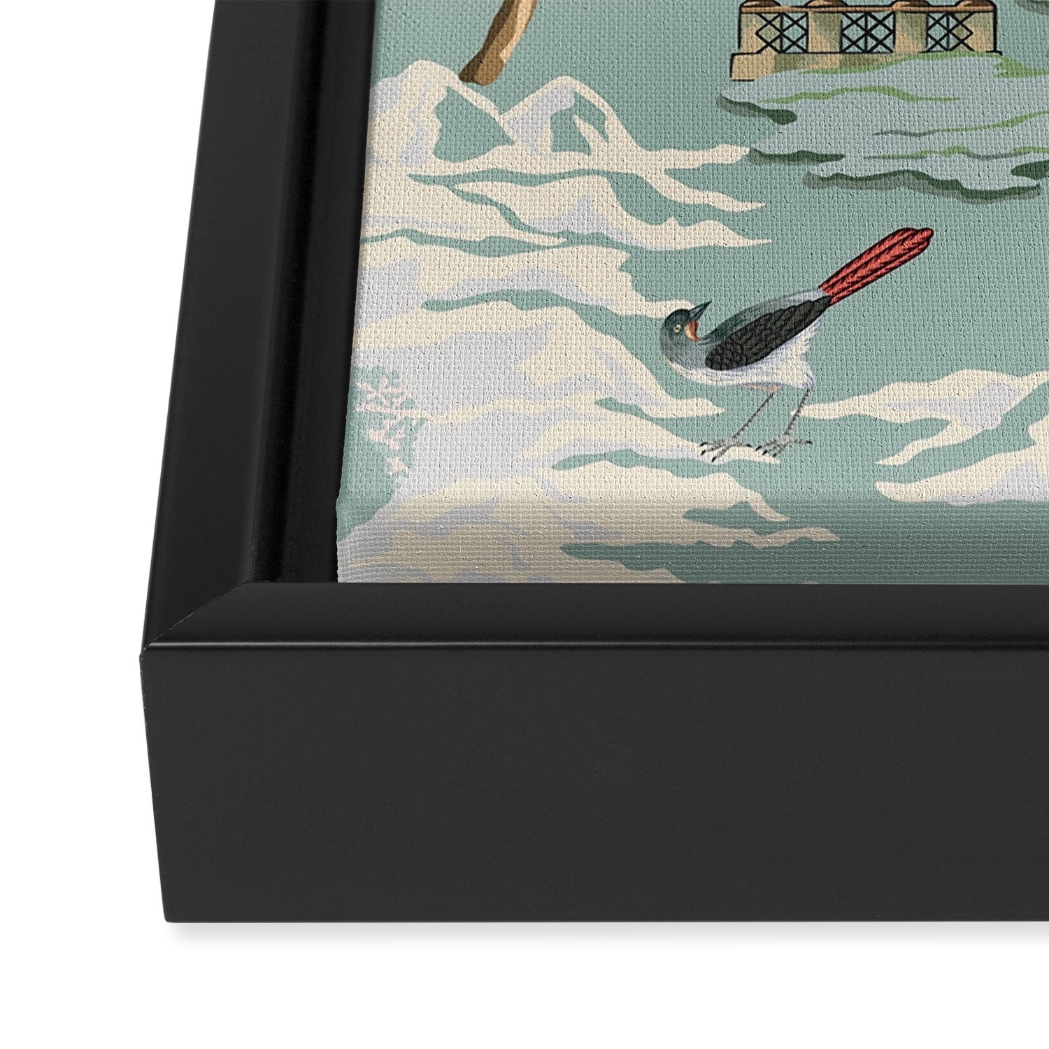 Vintage Chinoiserie Pastel Pagoda Bridge Garden Landscape Framed Canvas Print Gallery Image 3