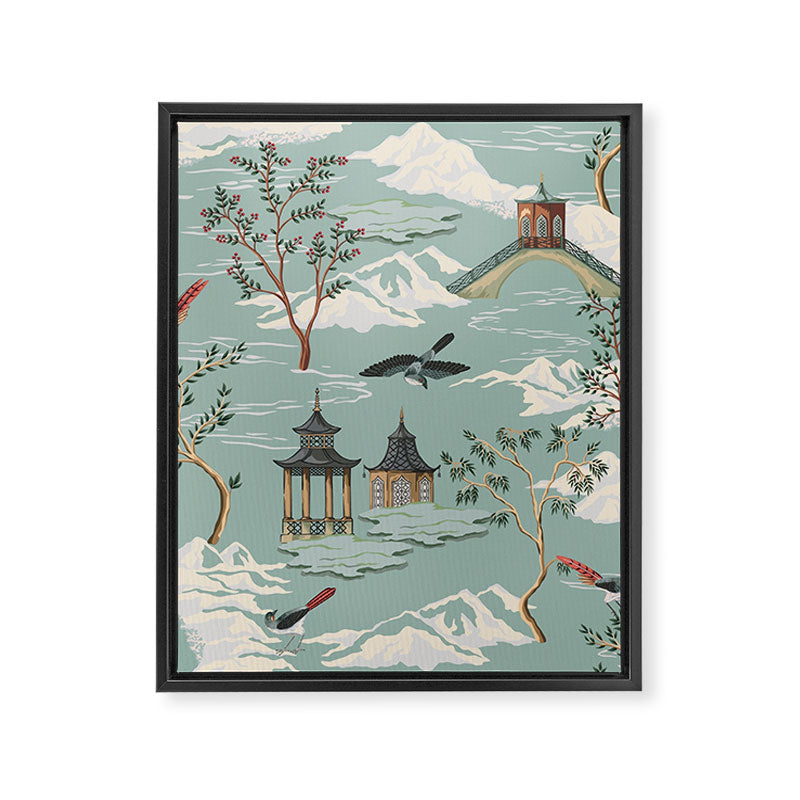 Vintage Chinoiserie Pastel Pagoda Bridge Garden Landscape Framed Canvas Print Gallery Image 8
