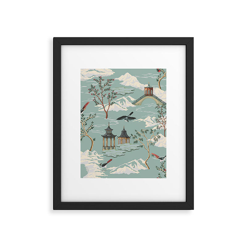 Vintage Chinoiserie Pastel Pagoda Bridge Garden Landscape Framed Art Print Gallery Image 6