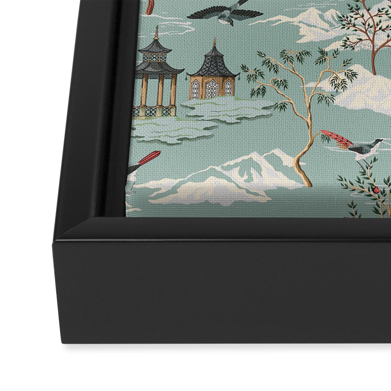 Vintage Chinoiserie Pastel Pagoda Bridge Garden Landscape Framed Canvas Print Gallery Image 3