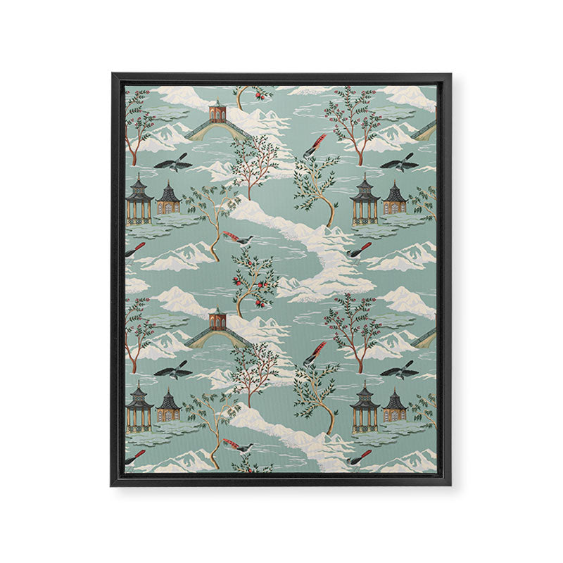 Vintage Chinoiserie Pastel Pagoda Bridge Garden Landscape Framed Canvas Print Gallery Image 8