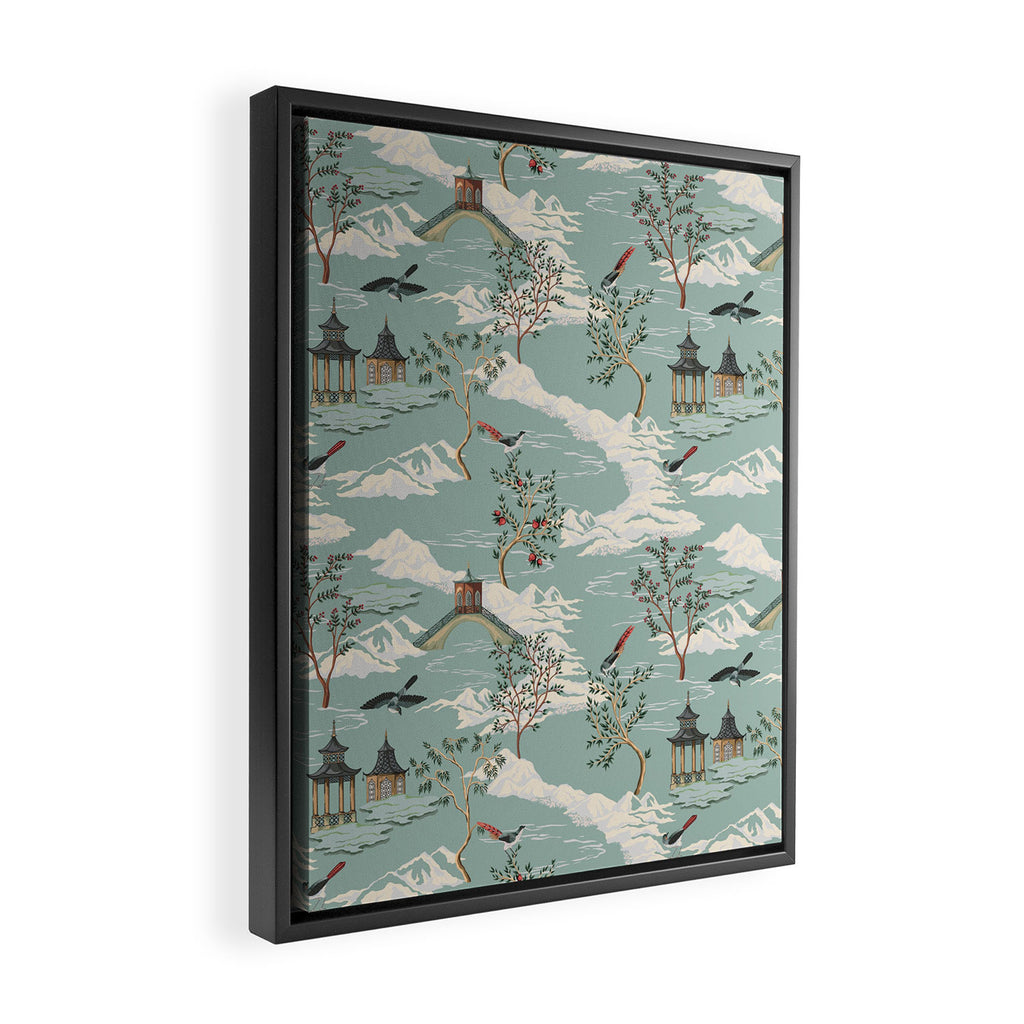 Vintage Chinoiserie Pastel Pagoda Bridge Garden Landscape Framed Canvas Print Gallery Image 2