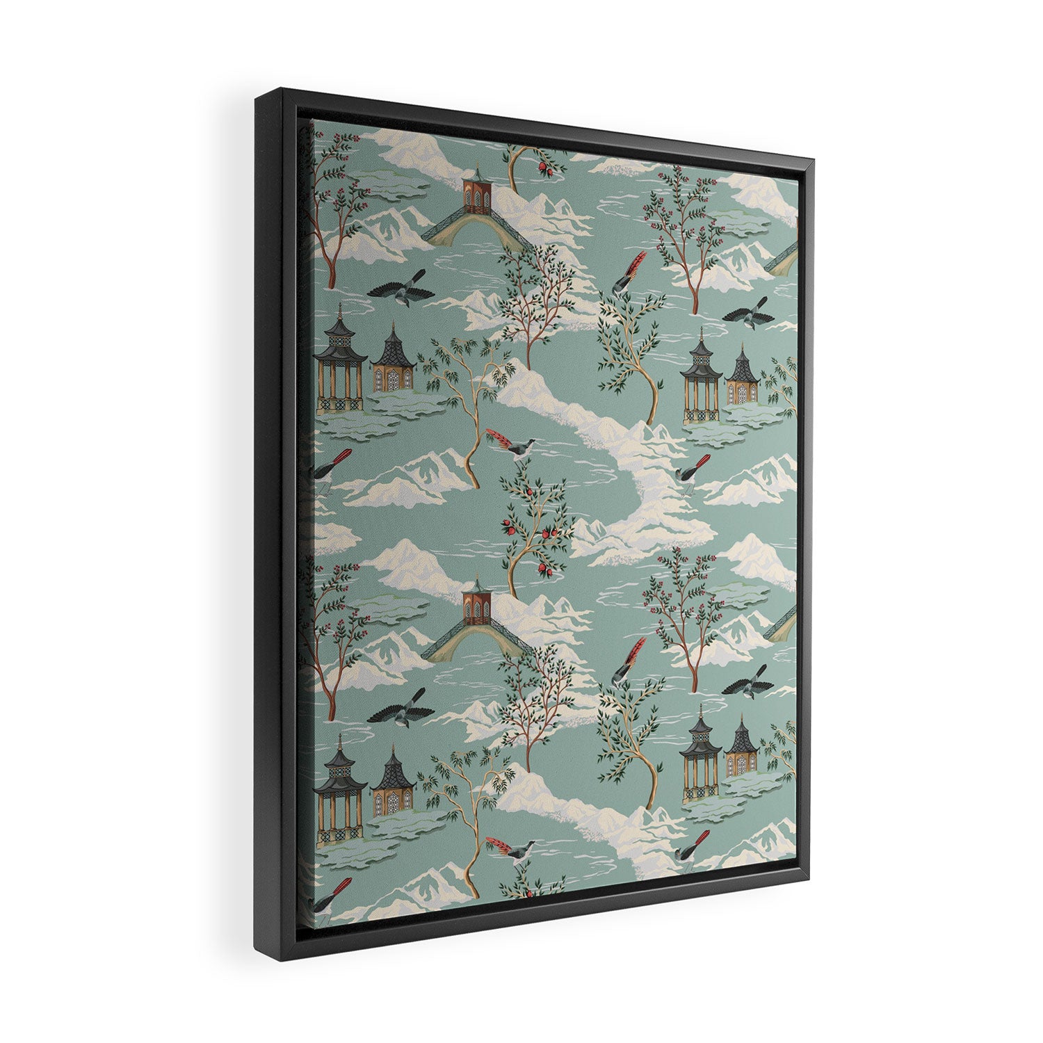 Vintage Chinoiserie Pastel Pagoda Bridge Garden Landscape Framed Canvas Print Gallery Image 2