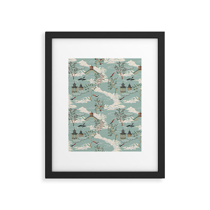 Vintage Chinoiserie Pastel Pagoda Bridge Garden Landscape Framed Art Print Gallery Image 1