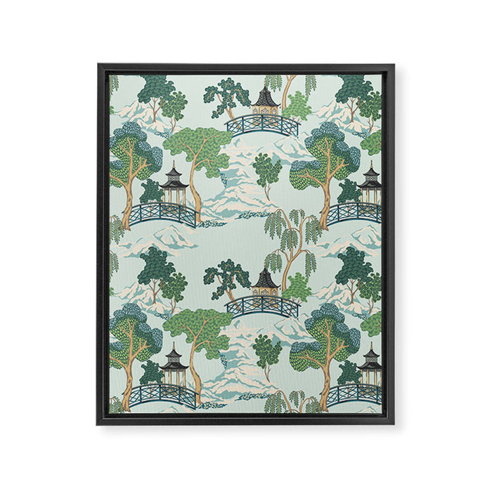 Vintage Chinoiserie Summer Pagoda Bridge Garden Landscape Framed Canvas Print Gallery Image 1