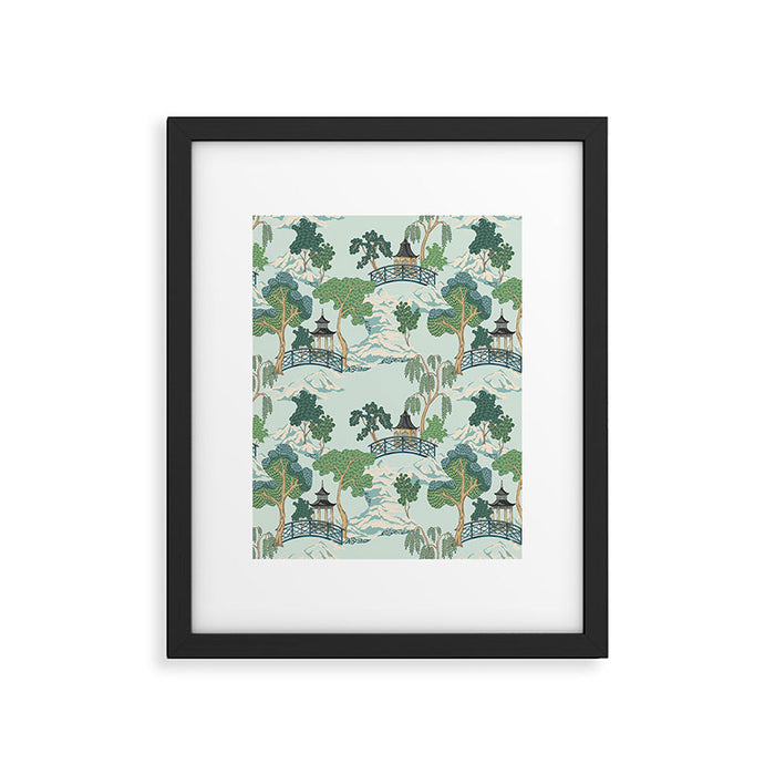Vintage Chinoiserie Summer Pagoda Bridge Garden Landscape Framed Art Print Gallery Image 1
