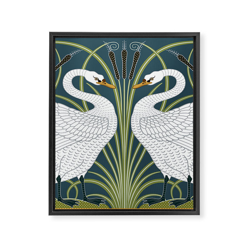 Walter Crane Swans Rush and Iris Vintage Swan Blue & White Design Framed Canvas Print Gallery Image 8