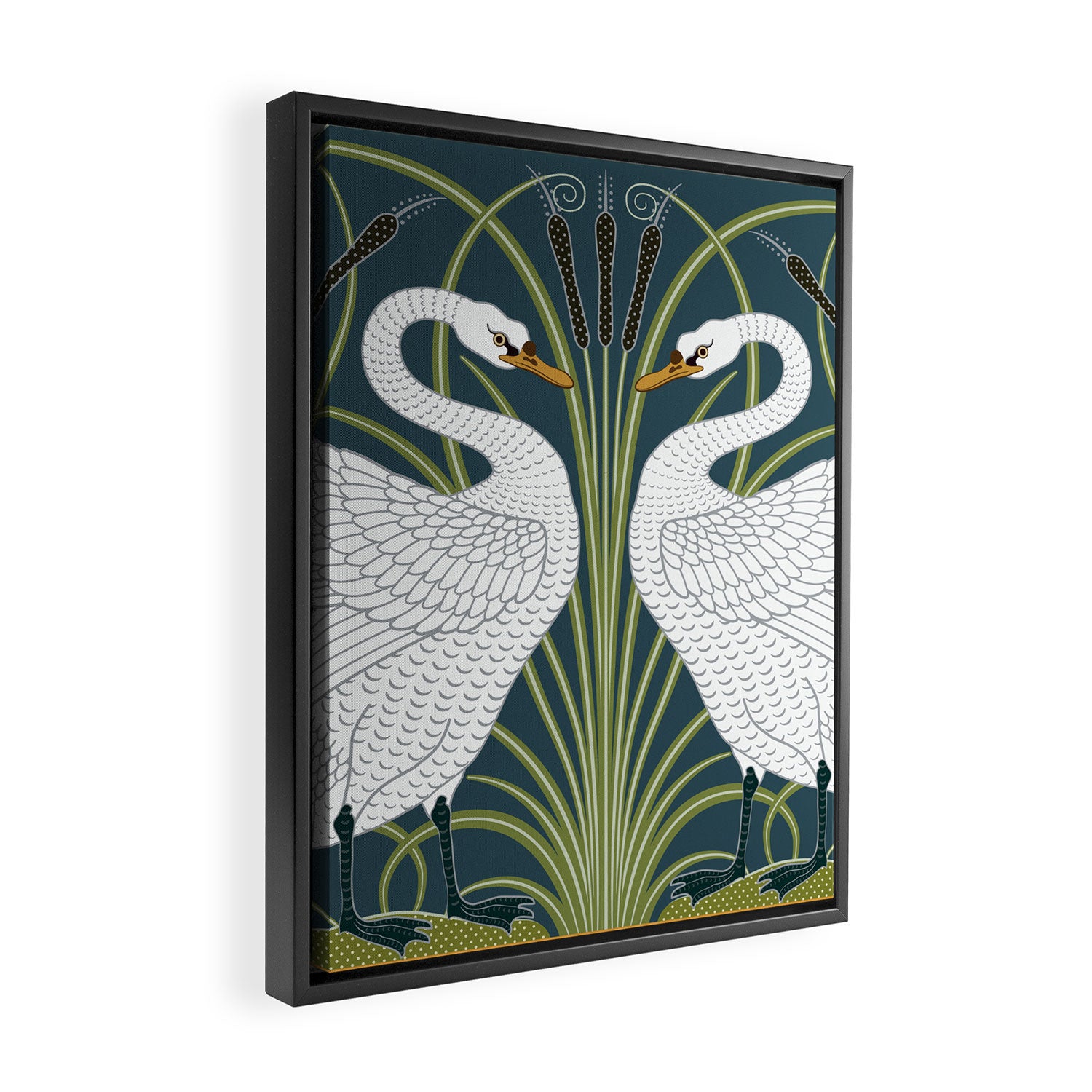 Walter Crane Swans Rush and Iris Vintage Swan Blue & White Design Framed Canvas Print Gallery Image 2