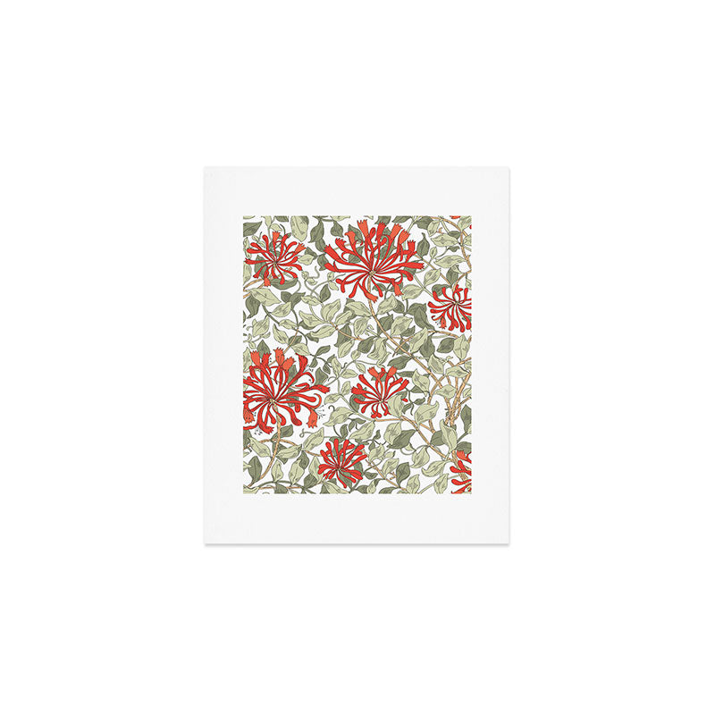 William Morris Honeysuckle Floral Coral Red Green & White Art Print Gallery Image 1