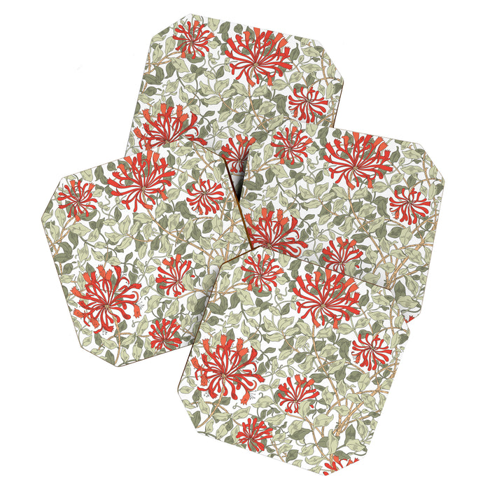 William Morris Honeysuckle Floral Coral Red Green & White Coaster Gallery Image 1