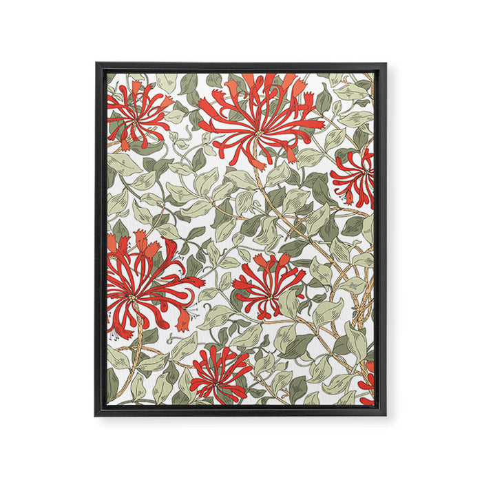 William Morris Honeysuckle Floral Coral Red Green & White Framed Canvas Print Gallery Image 1