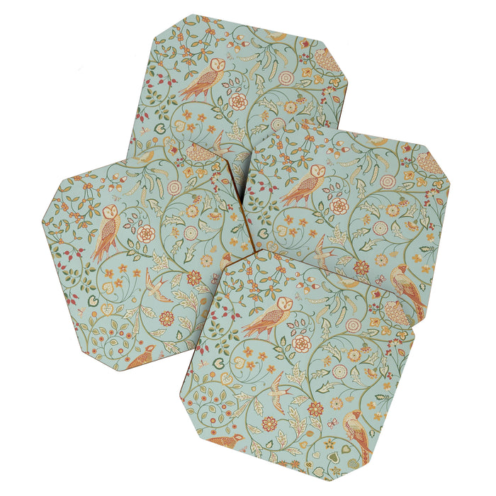 William Morris Newill Owl Art Blue Peppermint Russet Vintage Pattern Coaster Gallery Image 1