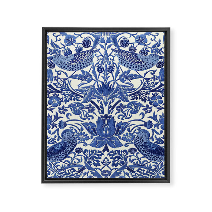 William Morris Strawberry Thief Blue & White Pattern Framed Canvas Print Gallery Image 1