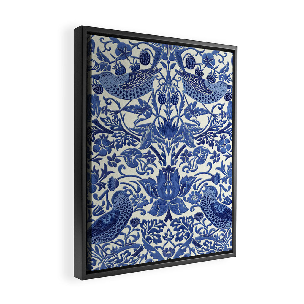 William Morris Strawberry Thief Blue & White Pattern Framed Canvas Print Gallery Image 2