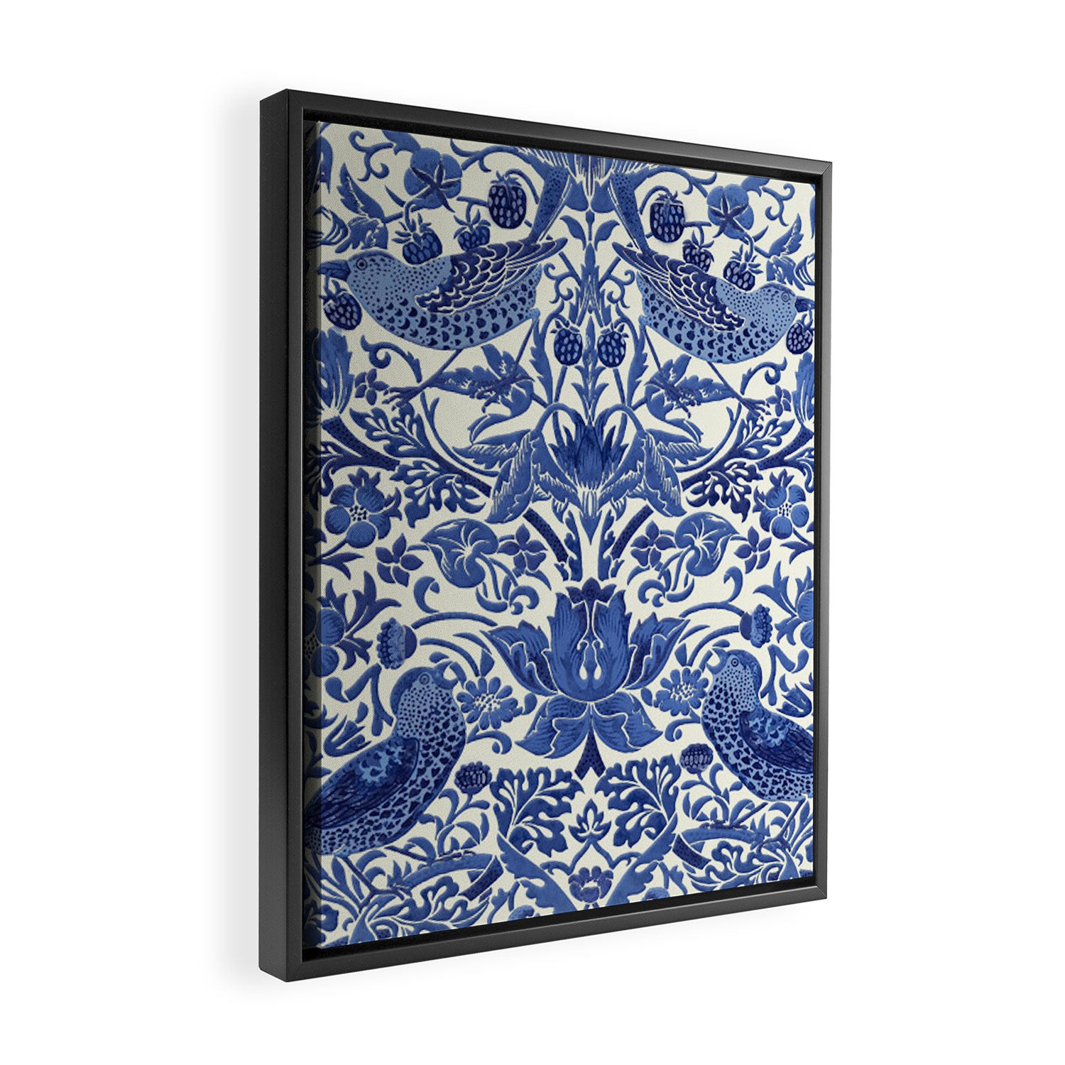 William Morris Strawberry Thief Blue & White Pattern Framed Canvas Print Gallery Image 2