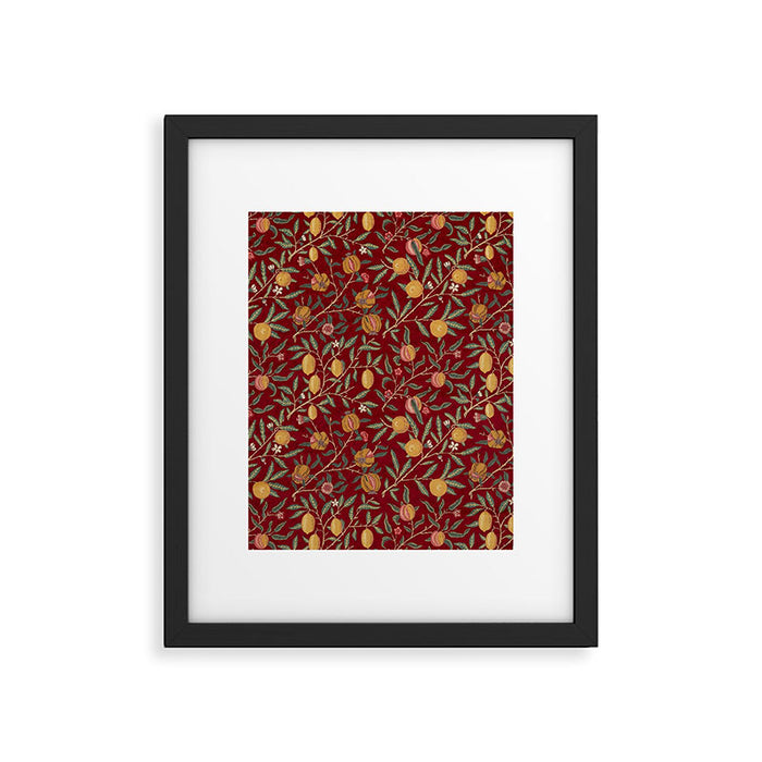 William Morris Vintage Pomegranate Fruit Red Madder Bayleaf Pattern Framed Art Print Gallery Image 1