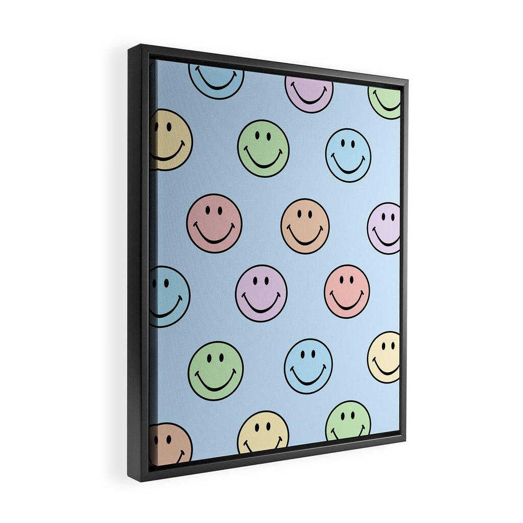 Pastel Blue Colorful Smiley Faces Framed Canvas Print Gallery Image 2