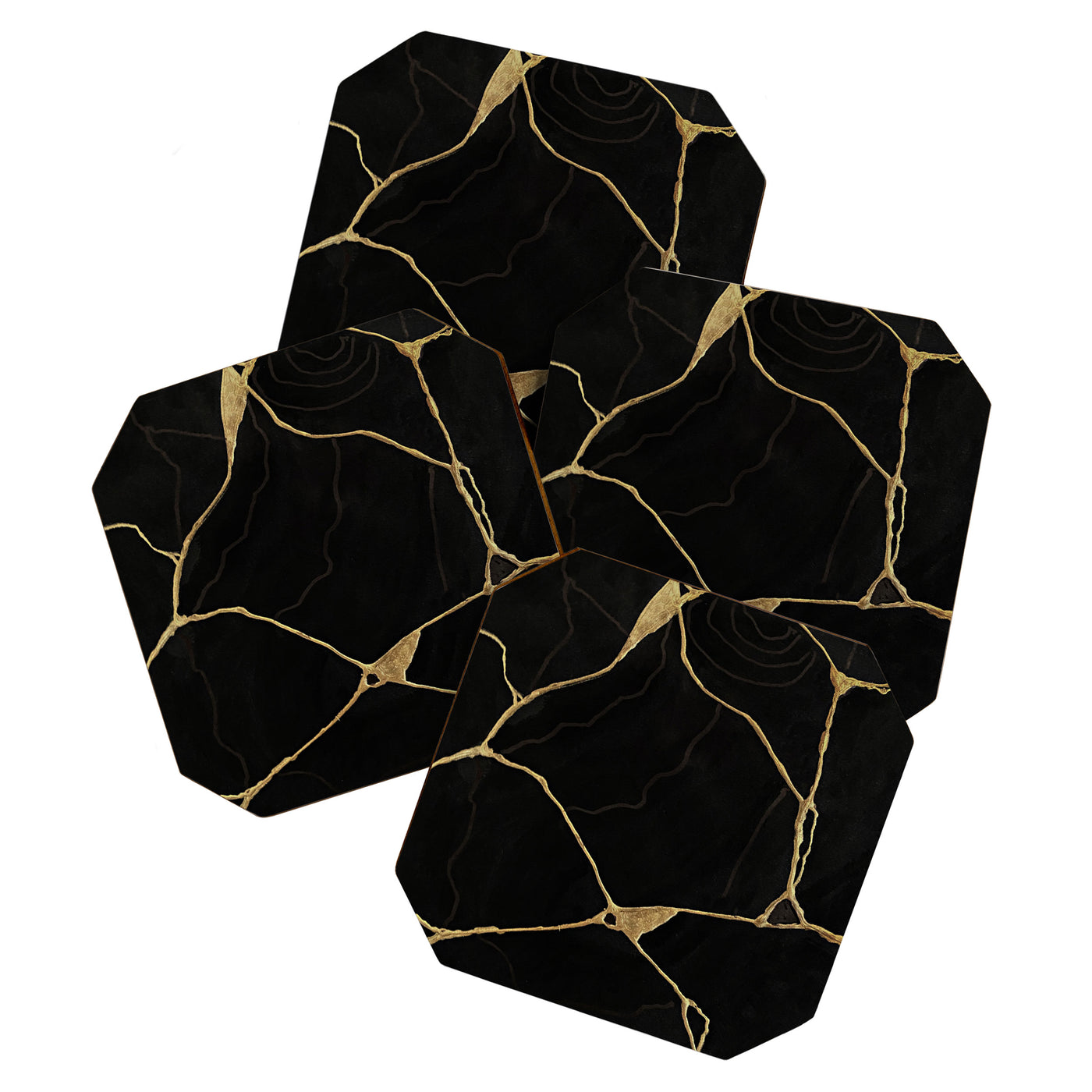 Black Kintsugi Japanese Broken Art, Japandi Style, Gold Cracks Coaster