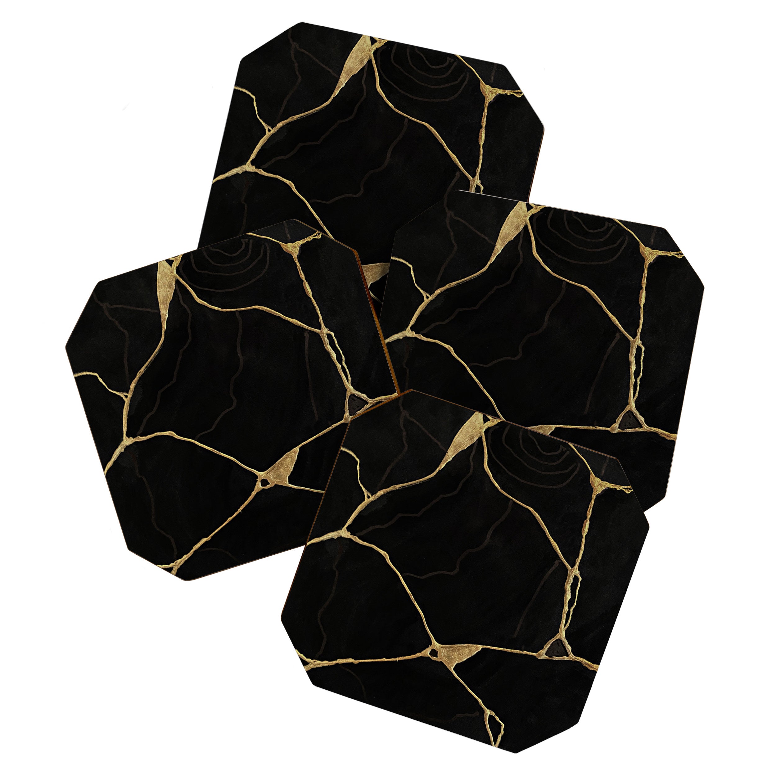 Black Kintsugi Japanese Broken Art, Japandi Style, Gold Cracks Coaster Gallery Image 1