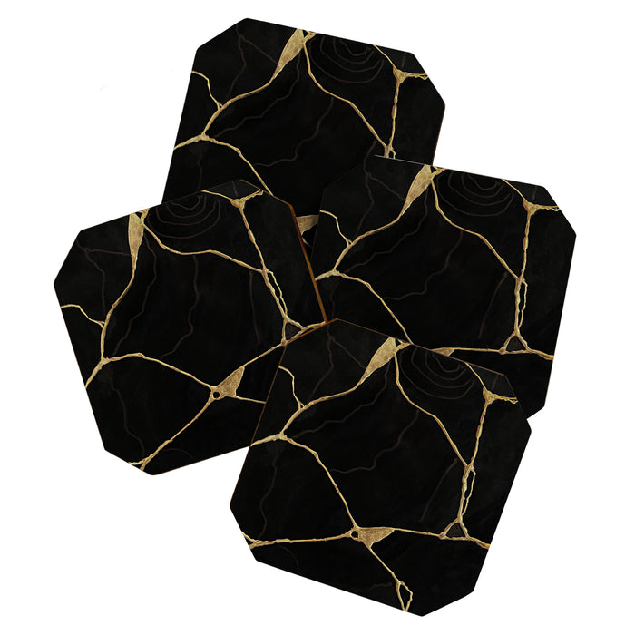 Black Kintsugi Japanese Broken Art, Japandi Style, Gold Cracks Coaster Gallery Image 1