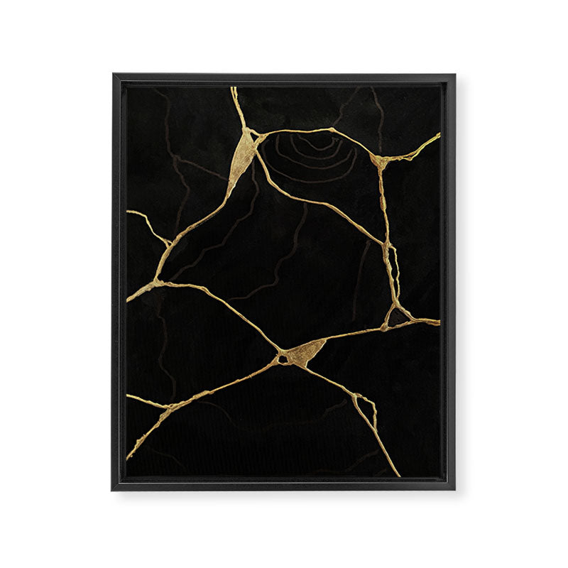 Black Kintsugi Japanese Broken Art, Japandi Style, Gold Cracks Framed Canvas Print Gallery Image 6