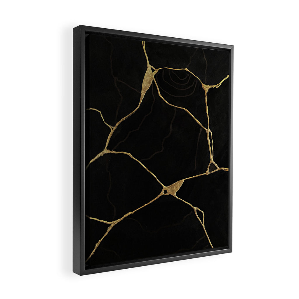 Black Kintsugi Japanese Broken Art, Japandi Style, Gold Cracks Framed Canvas Print Gallery Image 2