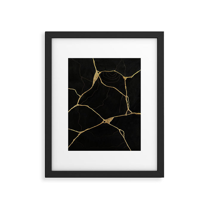 Black Kintsugi Japanese Broken Art, Japandi Style, Gold Cracks Framed Art Print Gallery Image 1