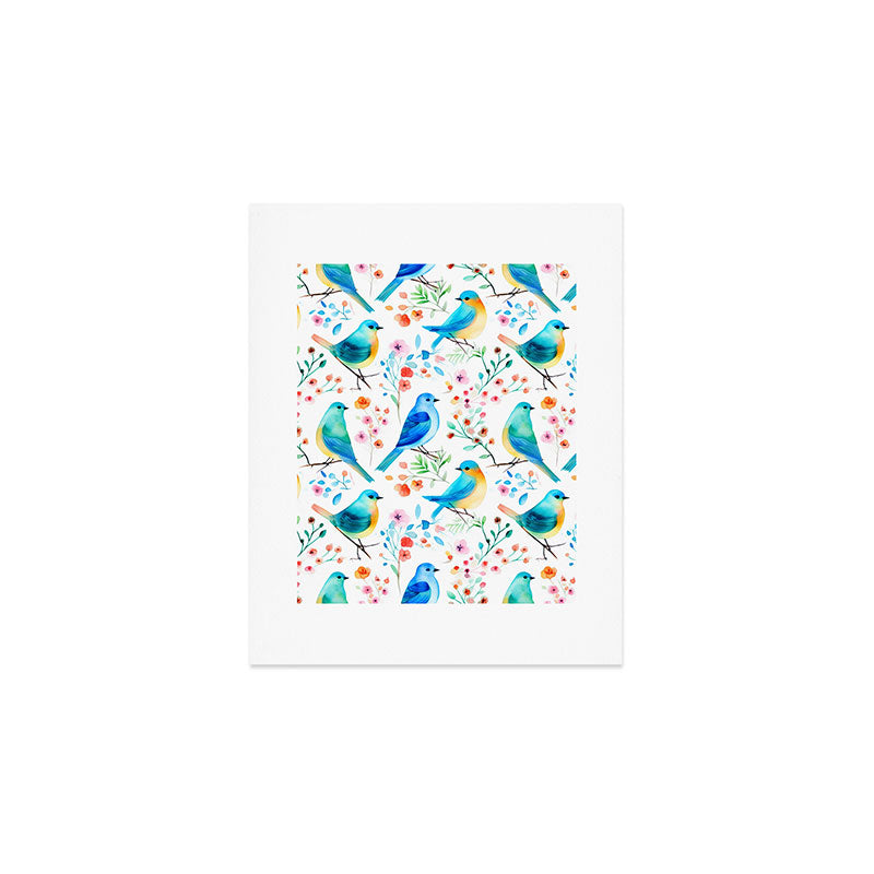 Birds and botanical flowers in a seamless pattern Art Print Gallery Image 1