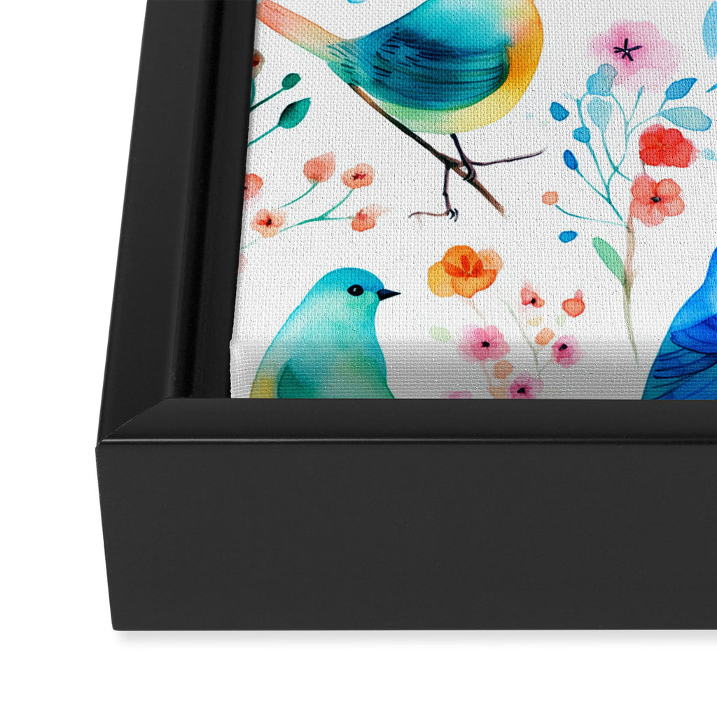 Birds and botanical flowers in a seamless pattern Framed Canvas Print Gallery Image 3