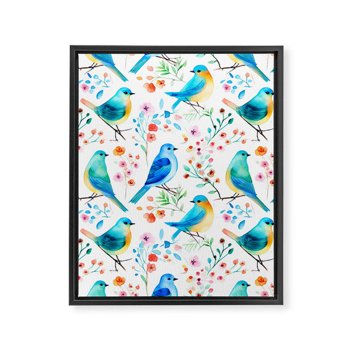 Birds and botanical flowers in a seamless pattern Framed Canvas Print Gallery Image 1