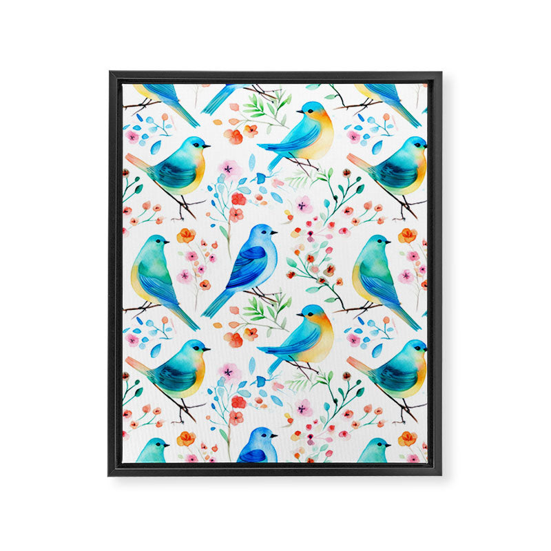 Birds and botanical flowers in a seamless pattern Framed Canvas Print Gallery Image 8