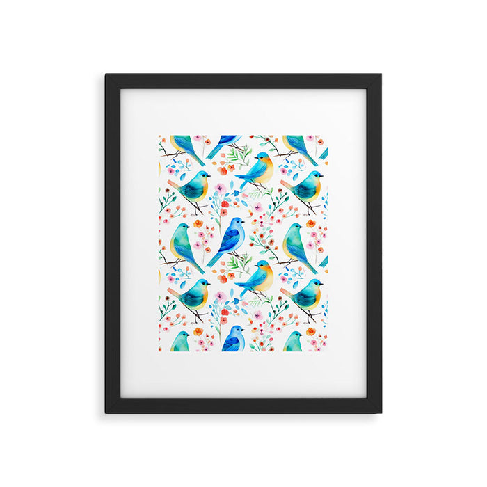 Birds and botanical flowers in a seamless pattern Framed Art Print Gallery Image 1