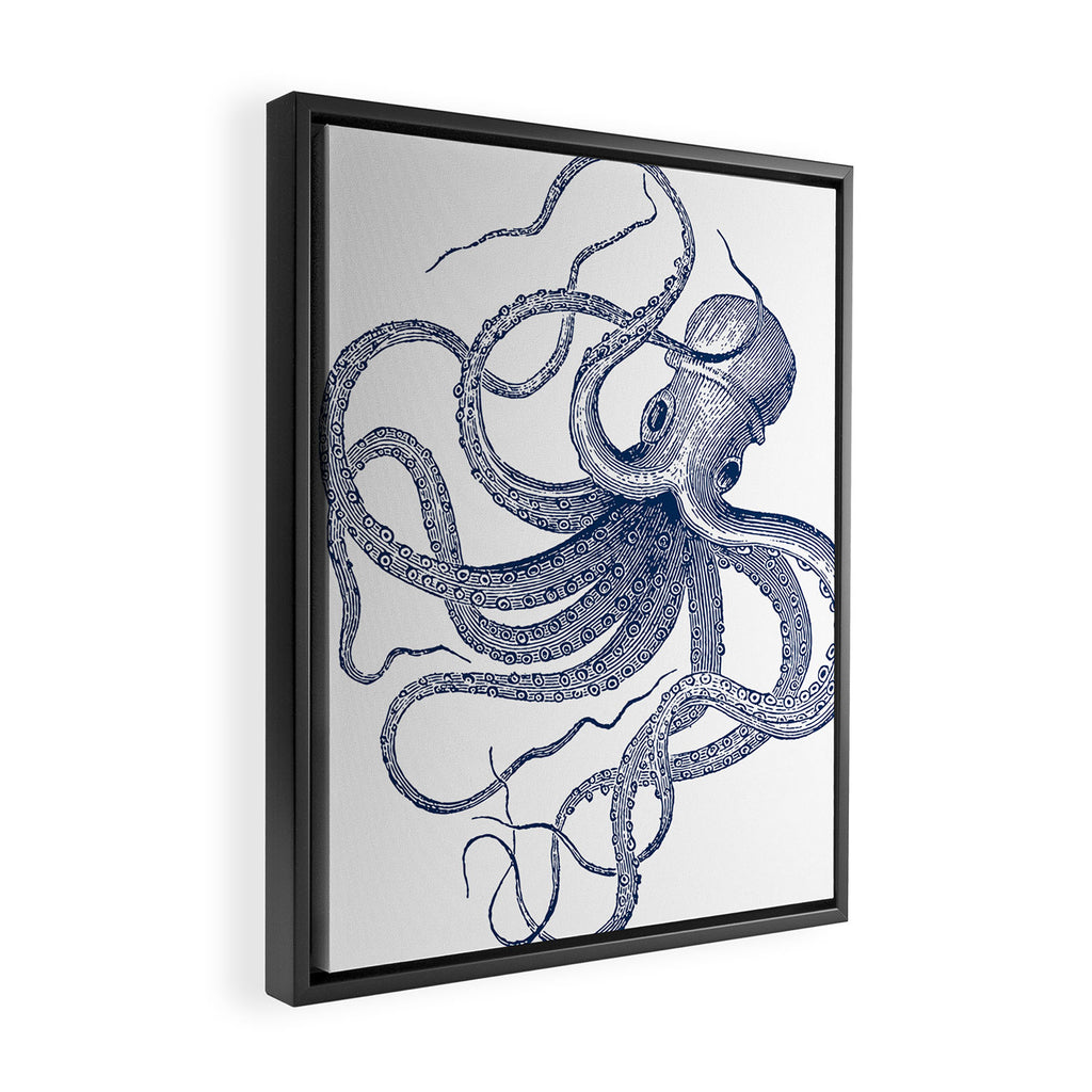 Blue nautical vintage octopus illustration Framed Canvas Print Gallery Image 2
