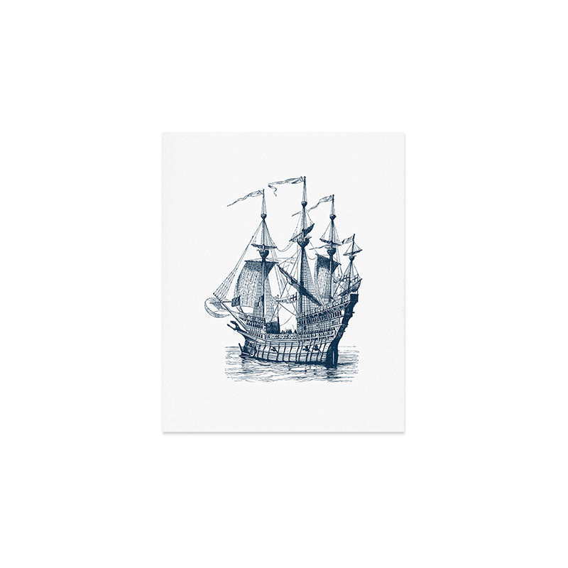 Blue vintage nautical wind sailing boat Art Print Gallery Image 1