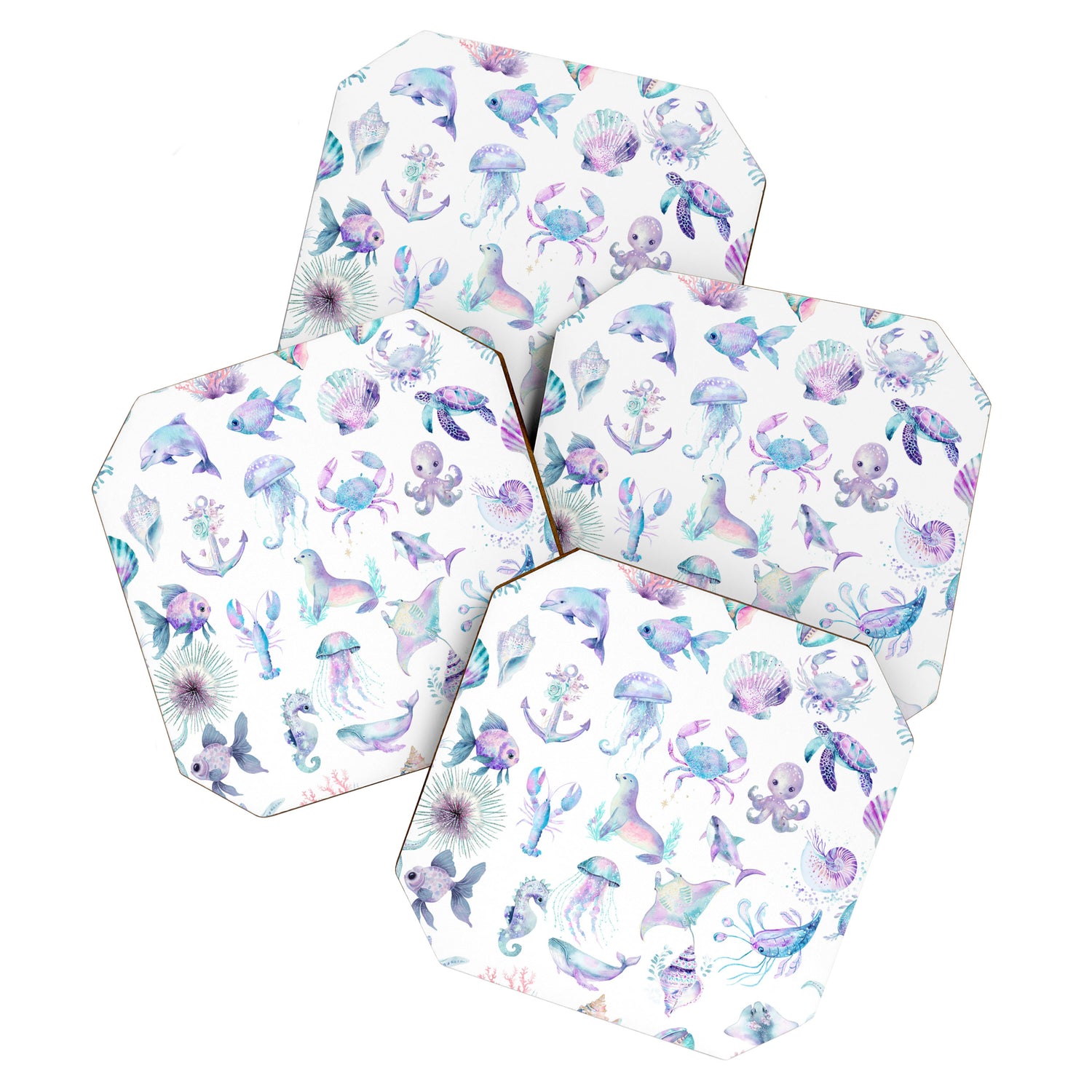 Colorful Water Colors Of Various Sea Animals Pattern Coaster Gallery Image 1
