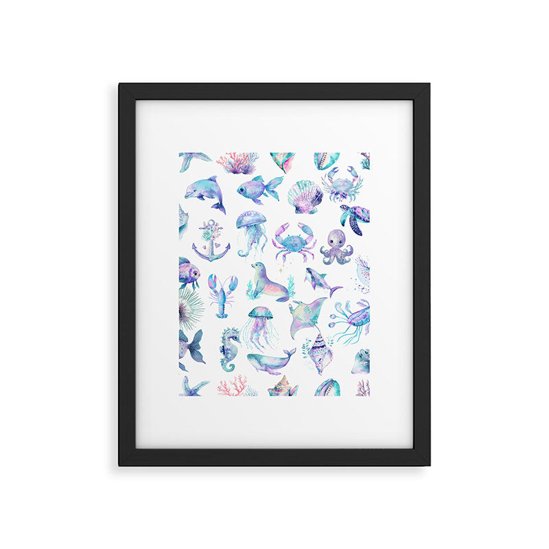 Colorful Water Colors Of Various Sea Animals Pattern Framed Art Print Gallery Image 6