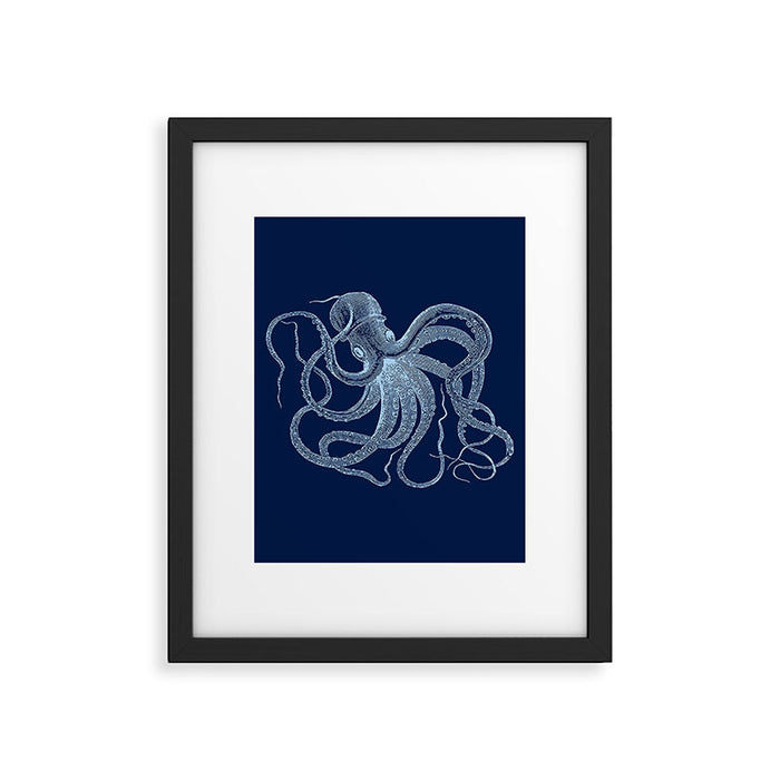 Light-blue octopus on dark blue Framed Art Print Gallery Image 1