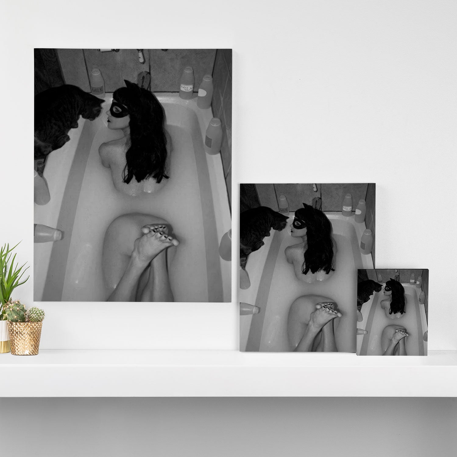 A girl and her cat lapping it up in milk; apartment bathtub nude portrait black and white photograph - photography - photographs Canvas Print Gallery Image 3