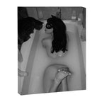 A girl and her cat lapping it up in milk; apartment bathtub nude portrait black and white photograph - photography - photographs Canvas Print Gallery Image 3